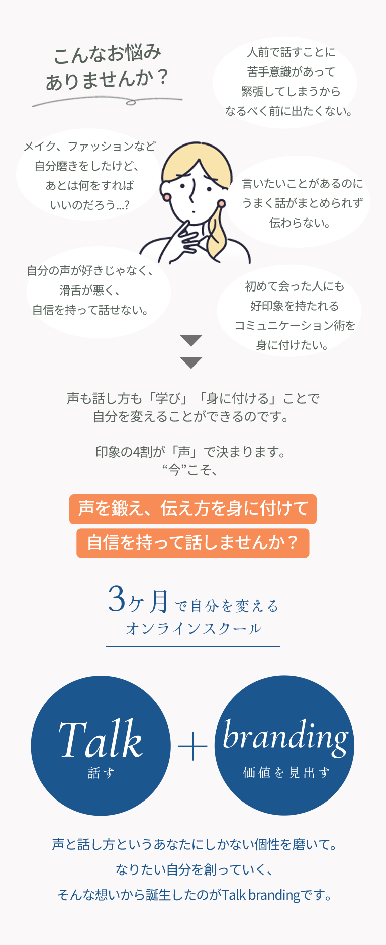 声を鍛えて伝え方を身に着けて自信をもって話しませんか？3ヶ月で自分を変えるオンラインスクール。声と話し方というあなたにしかない個性を磨いて。なりたい自分を創っていく、そんな想いから誕生したのがTalk Brandingです。